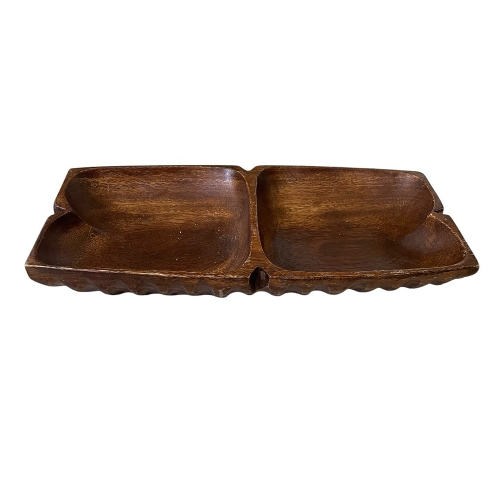 VINTAGE MCM Dolphin Genuine Monkey-Pod Rustic Wooden Divided Serving Tray Brown